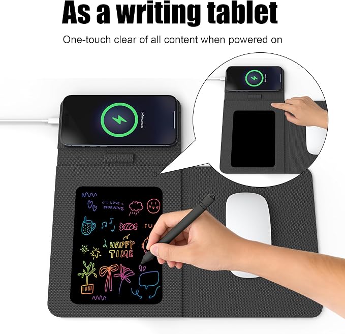 Foldable Wireless Charging Mouse Pad with Writing Tablet,15W Qi Magnetic Fast Charging Travel Mouse Pad,Multi-Functional PU Leather Mat Charging Pad for iPhone Samsung iWatch,Office Home Accessories