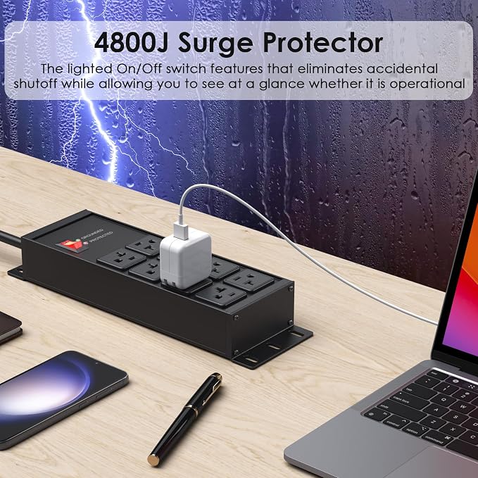 JUNNUJ Heavy Duty Surge Protector Power Strip 4800J, Garage Metal 8 Outlets 20 Amp 12 Gauge, High Amp 5-15P Adapter Shop 6-20R T-Slot Industrial Outlet, 25 FT Extension Cord Commercial for Appliance