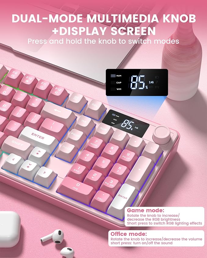 Keymatic Gaming Keyboard Wireless Creamy Keyboard with Media Knob & Screen Cute Keyboard Mechanical Feeling Membrane Keyboard with Number Pad RGB Backlit Tri-Mode BT/2.4GHz/USB-C - Pink