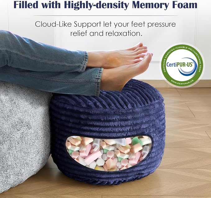Round Ottoman,Corduroy Pouf Ottoman Foot Rest,Storage Footstool for Living Room,20x15 Soft Floor Poufs,Memory Foam Filling - Navy, 20x15 in