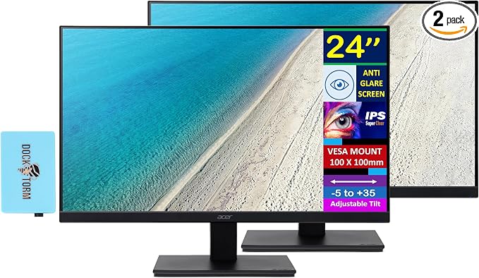 acer 24" FHD IPS Monitor with 4 ms Response Time, Anti-Glare, Adaptive Sync, Integrated Speakers, VESA Mount (100mm) & Dockztorm Hub, HDMI, Black Color (2-Pack)