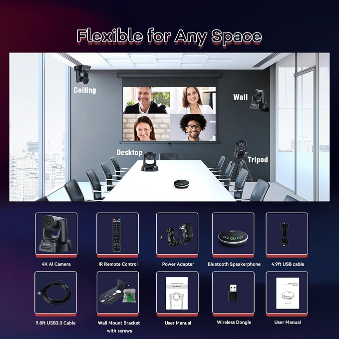 TONGVEO Conference Room Camera System 4K UHD 3X Optical Zoom 93° Ultra-Wide FoV USB3.0 PTZ Camera and Wireless Bluetooth Speakerphone with Microphones, Works with Zoom, OBS, Skype, Teams and More