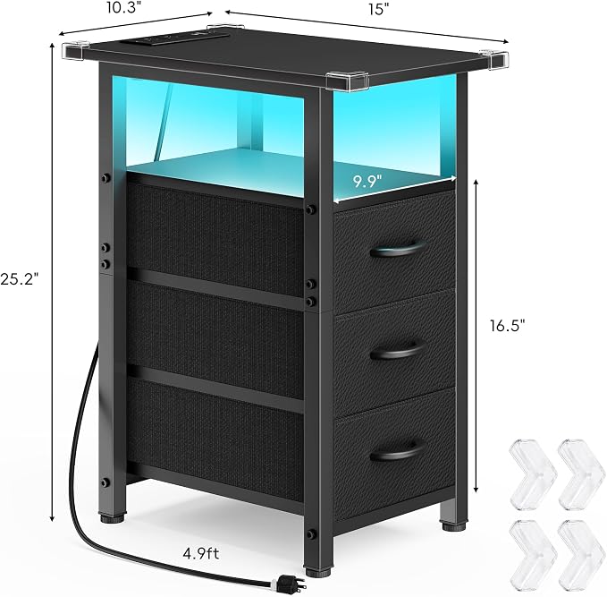 Vagusicc Set of 2 Black Nightstand with Charging Station and LED Lights, Narrow End Table, LED Night Stand with 3 Fabric Drawers for Bedroom, Small Bedside Table, Narrow Side Table for Small Spaces
