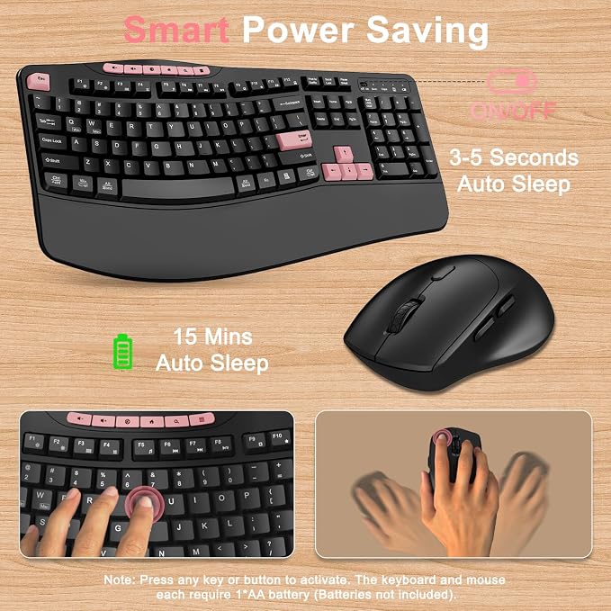 Wireless Keyboard and Mouse Combo, Ergonomic Keyboard with 6 Multimedia Keys, 2.4G Full Size Keyboard with Wrist Rest, 3-Level DPI Wireless Silent Mouse with 6-Buttons, for Windows (Pink)