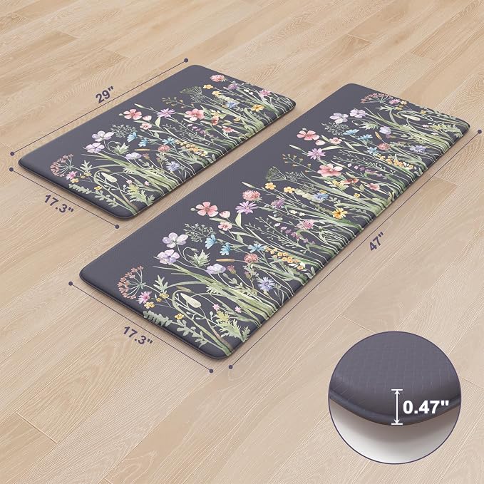 KIMODE Anti Fatigue Kitchen Mat, Farmhouse Floral Kitchen Rugs, Kitchen Floor Mats Non-Slip,Comfort Kitchen Mats for Floor Sink, Laundry, Office, Desk Dark Grey/Purple 17"x47"+17"x29"