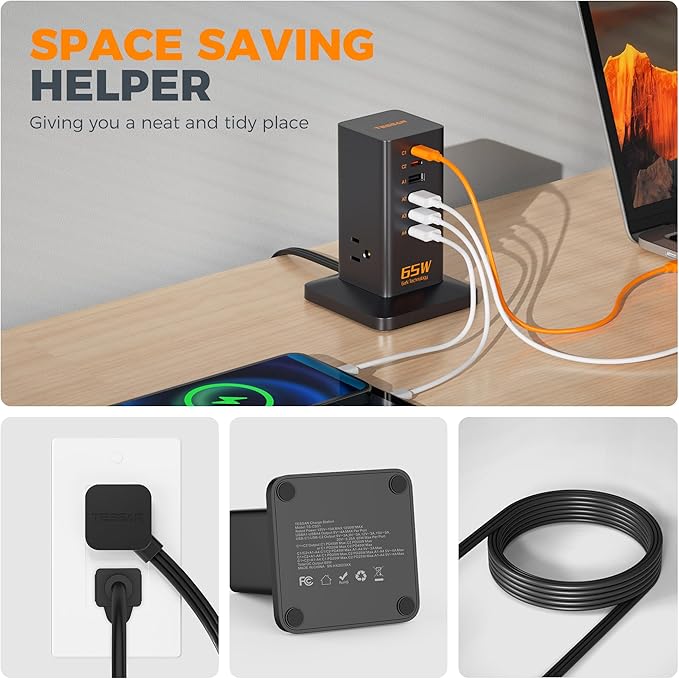 Charging Station for Multiple Devices, TESSAN 9-in-1 USB C Power Strip for iPhone 17/16/15, MacBook, Tablet, Desktop Phone Fast Charger with 3 AC, USB Charger, Home Drom Office Accessories, Black-65W