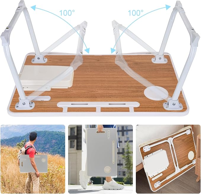 Laptop Bed Table, Laptop Desk for Bed, Foldable Laptop Bed Desk with USB Charge Port, Handle, Desktop Card Slot, Cup Slot, Side Drawer, Portable Laptop Table for Bed Eating Reading Working