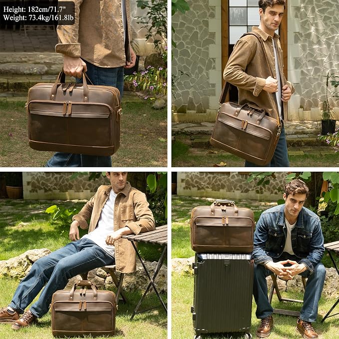Masa Kawa Leather Briefcase for Men 17/15.6" Laptop Crossbody Shoulder Messenger Bag Business Travel Work Attache Case