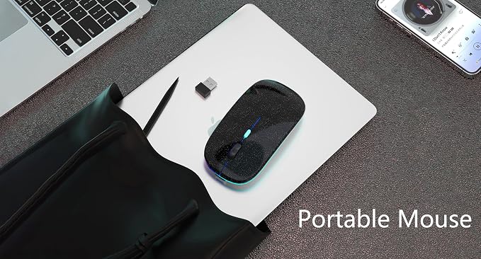 AIKOKOK Wireless Bluetooth Mouse, Rechargeable, Dual Mode Bluetooth 5.2 & 2.4G USB, LED Lights, Slim, Silent, Portable Computer Mouse for Laptop, PC, MacBook, iPad, Tablet (Black Pearl)