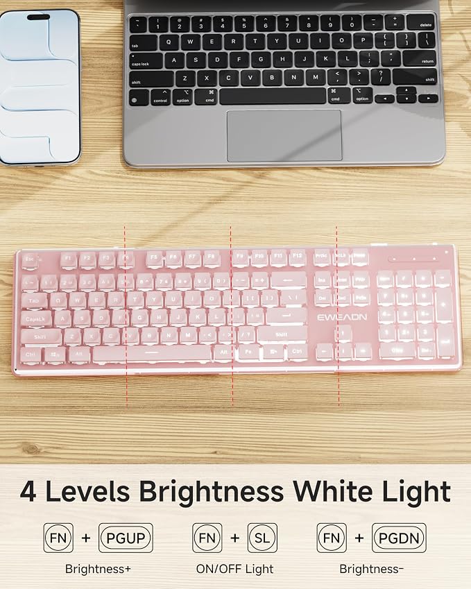 Wireless Keyboard and Mouse Combo with White Backlit Pudding Keycaps, Bluetooth & 2.4G, 2000mAh Rechargeable, Full Size, Metal Panel Quiet Computer Keyboard Set for Windows PC Desktop - Pink