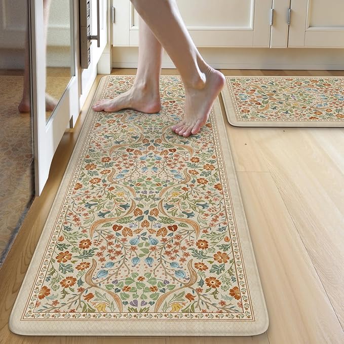 Collive Kitchen Mats Cushioned Anti Fatigue, Non Slip Waterproof Kitchen Floor Mat Beige Rug 2 Piece, Modern Comfort Desk Standing Rugs for Sink, Home Office, Laundry, Bedroom