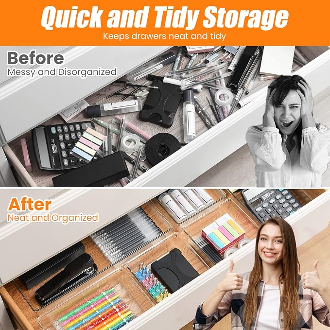 9 Pack Clear Plastic Drawer Organizer Set, Acrylic Non Slip Non Cracking Kitchen Drawer Storage Tray Large Size Divider, Multifunctional Storage for Cosmetics, Bathroom, Tools, Kitchen and Office