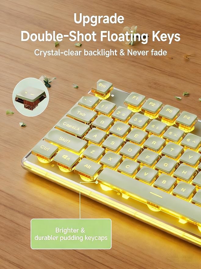 Wireless Keyboard and Mouse Combo with White Backlit Pudding Keycaps, Bluetooth & 2.4G, 2000mAh Rechargeable, Full Size, Metal Panel Quiet Computer Keyboard Set for Windows PC Desktop - Green