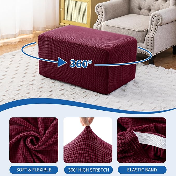 Ottoman Covers Ottoman Slipcovers Folding Storage Stool Washable Furniture Protector,Elastic Foot Stool Foot Rest Protector for Living Room Bedroom,X-Large,Wine Red