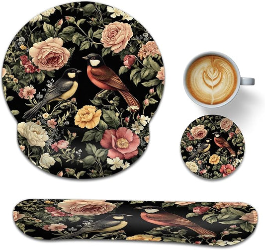 Vintage Rose Peony Floral Keyboard Wrist Rest Pad Ergonomic Mouse Pad Set,Bird 3 in 1 Memory Foam Mouse Pad with Non Slip Base for Office and Home