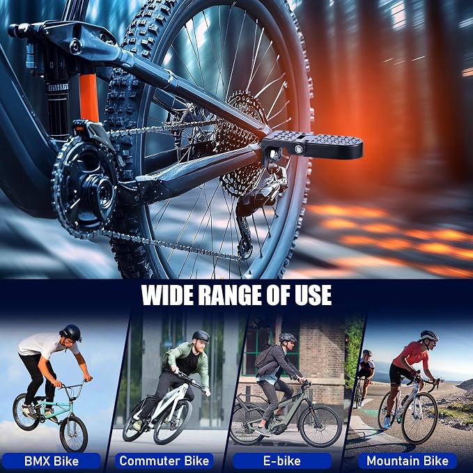 TOBWOLF 2PCS Bike Rear Pedals, Aluminium Bicycle Foot Peg, Non-Slip Ebike Foot Pegs for Passenger, Folding Rear Bicycle Footrest Pedals for E-Bike, Mountain Bike, Folding Bicycle