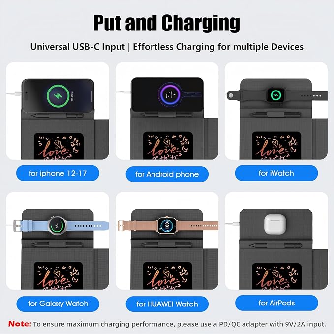 Foldable Wireless Charging Mouse Pad with Writing Tablet,15W Qi Magnetic Fast Charging Travel Mouse Pad,Multi-Functional PU Leather Mat Charging Pad for iPhone Samsung iWatch,Office Home Accessories