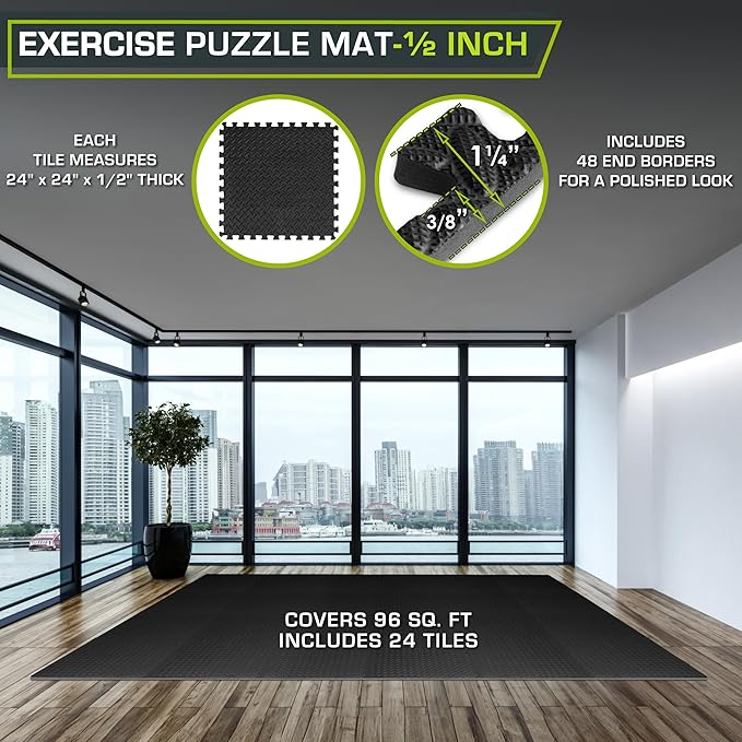 ProsourceFit Exercise Puzzle Mat ½-inch, EVA Interlocking Foam Floor Tiles for Home Gym, Workout Equipment, Kids Play Areas, Black, 96 SQ FT - 24 Tiles