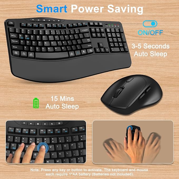 Wireless Keyboard and Mouse Combo, Ergonomic Keyboard with 6 Multimedia Keys, 2.4G Full Size Keyboard with Wrist Rest, 3-Level DPI Wireless Silent Mouse with 6-Buttons, for Windows (Dark Black)