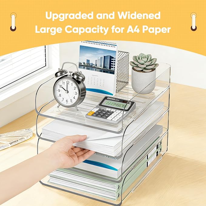 HIYOHIYO 4-Tier Clear A4 Paper Organizer for Office Desk, Stackable Desktop Letter Papers Tray, Acrylic Desk Paper Holder, Large Capacity File Folder Organizer, Vertical Style