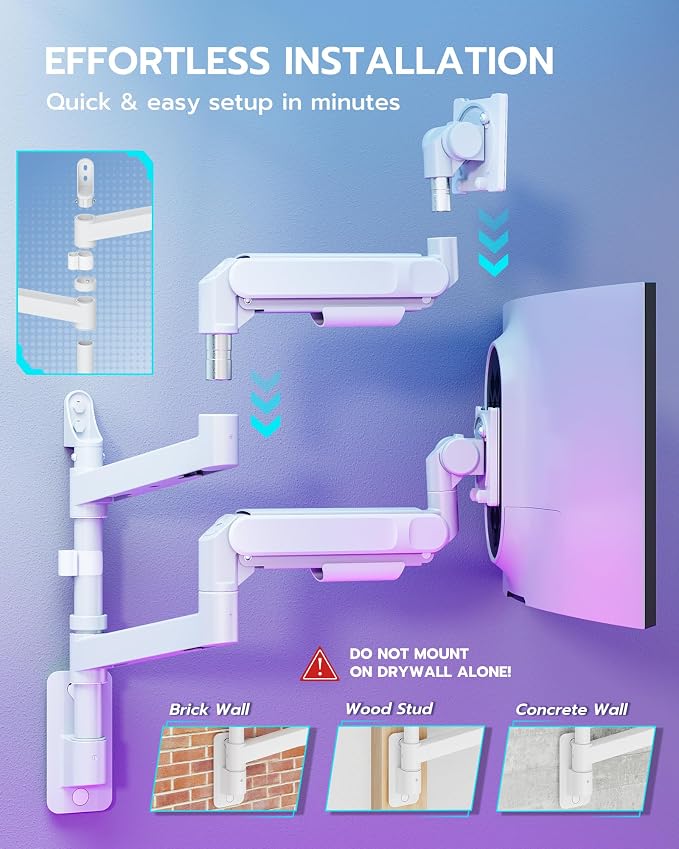 ARES WING Dual Monitor Wall Mount for 24-57 Inch Ultrawide Screens, Premium Heavy Duty Monitor Arm Holds 60 lbs, Full Motion Gas Spring, Bearing Head for Easy Adjustment, 75/100 VESA Mount, White