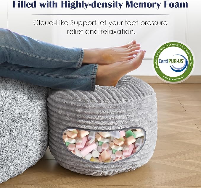 Round Ottoman,Corduroy Pouf Ottoman Foot Rest,Storage Footstool for Living Room,20x15 Soft Floor Poufs,Memory Foam Filling - Light Grey, 20x15 in