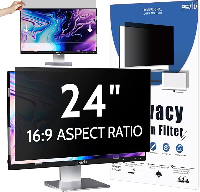 Peslv Computer Privacy Screen 24 Inch for 16:9 Widescreen Monitor, Removable 24inch Anti Blue Light Anti Glare Monitor Privacy Filter Shield (20 15/16" x 11 13/16")