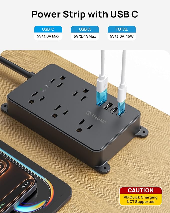 TROND 360° Rotating Flat Plug Power Strip, 5 Widely-Spaced Outlets with 2 USB A and 2 USB C, ETL Listed, 1300J Surge Protector, Wall Mountable, 5ft Extension Cord, for Home Office, Black