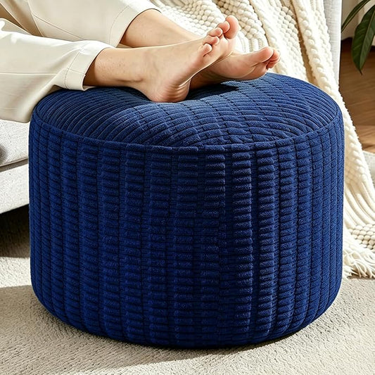 Round Corduroy Ottoman Foot Rest Pouf for Living Room Couch - Soft Plush Shredded Foam Filled Hassock Stool, Comfy Footstool for Adults (Navy - Chunky Corduroy, 20 INCH×15 INCH)