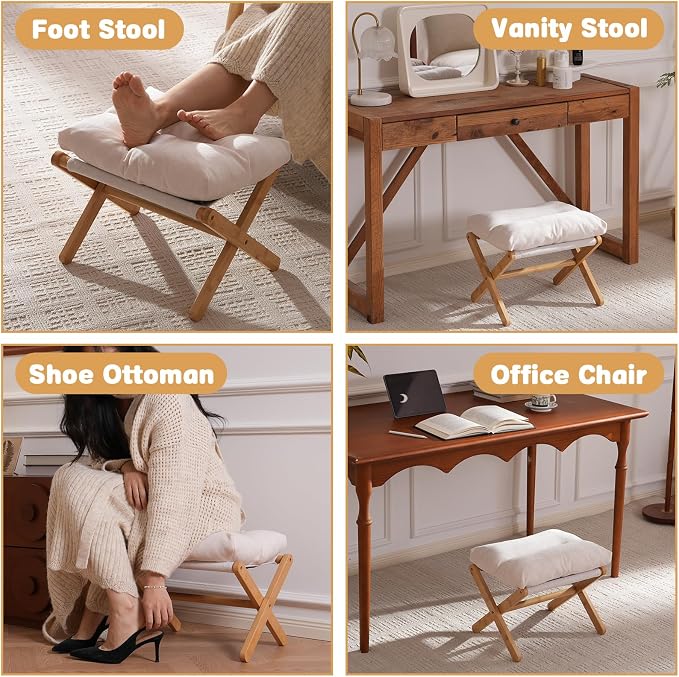 Baveke Ottoman Foot Rest- Bamboo Foldable Stool, Foot Stools Small Ottman with Upholstered & X Legs, Folding Shoe Bench, Bedroom and Living Room, Small Beige(FSC-Certified Bamboo)