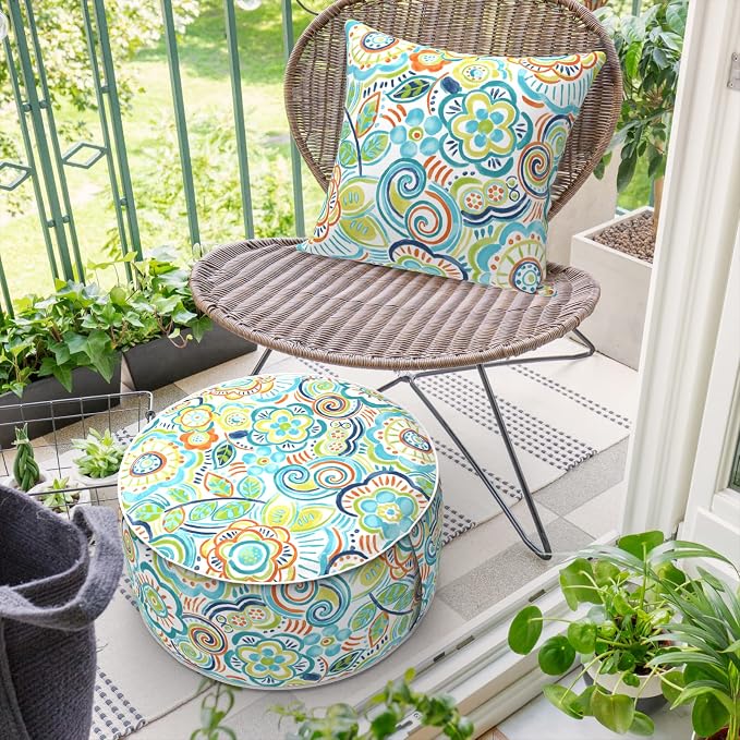 DYTXIII Inflatable Ottoman Stool D21 xH9 for Outdoor/Indoor Use, Water Repellent Patio Foot Rest Stool with Portable Handle,Round Pouf Ottoman Suitable for Garden,Deck and Camping - Flower Blue
