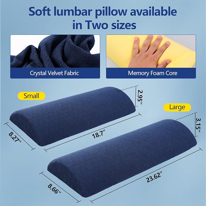 Cozyhealth - 3.15" H*23.6" L - Soft Lumbar Pillow for Sleeping, Memory Foam Back Lumbar Support Cushion for Lower Back Pain Relief Bed Waist Sleep Support Pillow for Side, Back (Dark Blue, Large)