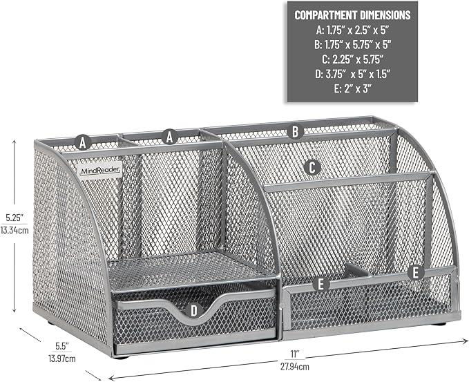Mind Reader 7-Compartment Desktop Organizer, File & Accessory Storage, Metal Mesh Office Organizer for Desk, Workspace, Mail, Silver