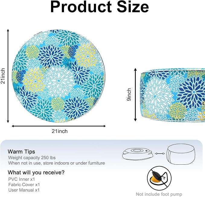 DYTXIII Inflatable Ottoman Stool D21 xH9 for Outdoor/Indoor Use, Water Repellent Patio Foot Rest Stool with Portable Handle,Round Pouf Ottoman Suitable for Garden,Deck and Camping - Dahlia Blue