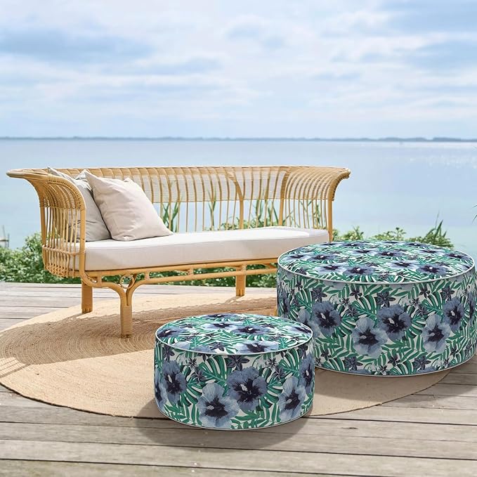 DYTXIII Inflatable Ottoman Stool D31 xH14 for Outdoor/Indoor Use, Water Repellent Patio Foot Rest with Portable Handle,Round Pouf Ottoman Suitable for Garden,Deck and Camping - Blue Salmone Tropical