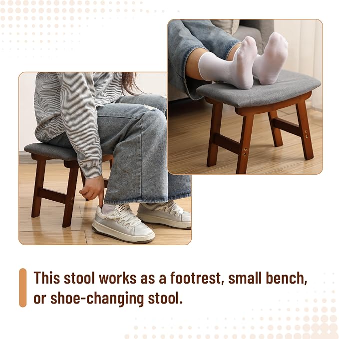 BAMBOO LAND- Bamboo Foot Stools Ottoman, Gray Cushion & Brown Wood Legs, Small Ottoman Foot Rest for Couch