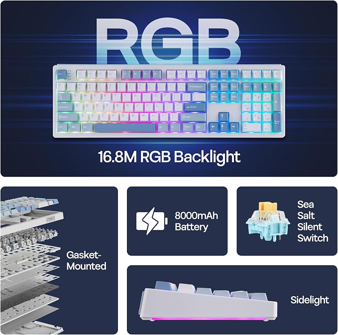 MechLands EPOMAKER TH108 Full Size Mechanical Keyboard, Wireless Gaming Keyboard, 8000mAh Battery, Creamy Gasket, 108 Keys, Hot Swap, Custom Driver, RGB Backlights (Blue&White, Sea Salt Silent Switch)