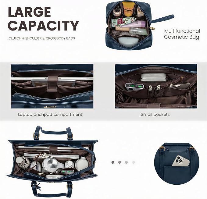 LOVEVOOK Laptop Bag for Women Vintage Leather Work Tote 15.6 inch Large Capacity Computer bag with Clutch Purse for Office, Travel, Casual