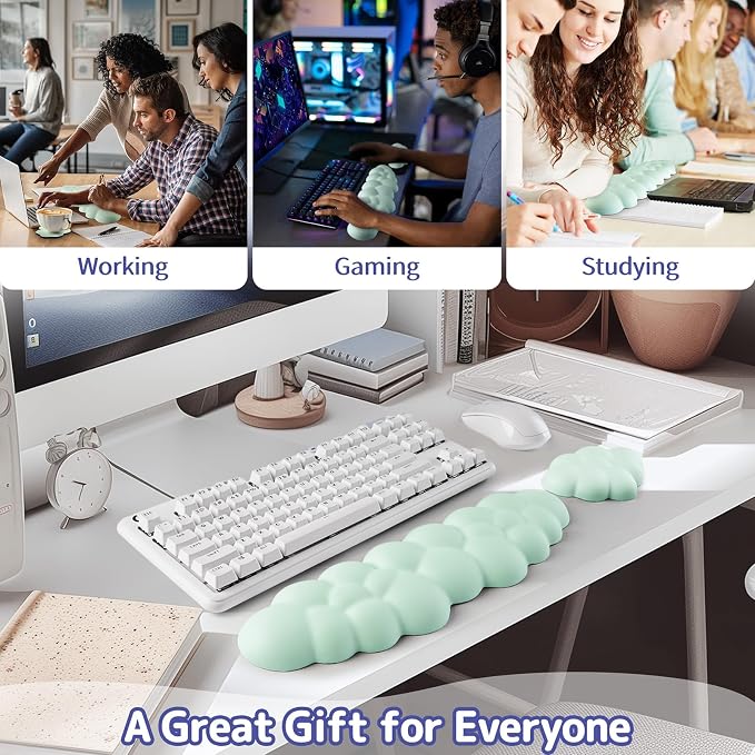 Sushret Cloud Wrist Rest Keyboard, Cloud Keyboard Wrist Pad Set with PU Leather Memory Foam, Cute Arm Rest for Palm Support, PC/Gaming Desk Accessories/Office Setup/Computer Hand Cushion - Light Green