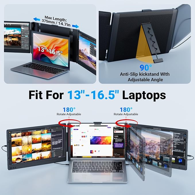 Ygretyrjh Laptop Screen Extender, 14" Triple Portable Monitor for Laptop, 1080P FHD IPS Screen Extender Monitors for 13"-17", Travel Monitor for Mac/Windows/Chrome, Built-in Speakers