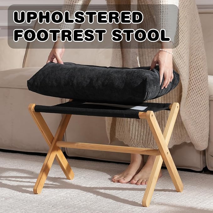 Baveke Ottoman Foot Rest- Bamboo Foldable Stool, Foot Stools Small Ottman with Upholstered & X Legs, Folding Stool for Makeup, Bedroom and Living Room (Black)