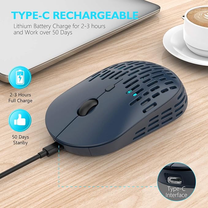 RAPIQUE Bluetooth Wireless Mouse, Dual Mode Rechargeable Silent Bluetooth Mice with 2.4G Type C Receiver for Laptop, iMac, Chromebook,MacBook pro/air and All Type-C Device (Blue)