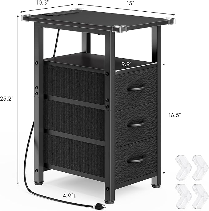 Vagusicc Black End Table with Charging Station, Narrow Side Table, 25.2'' Tall Narrow Nightstand with 3 Fabric Drawers, Slim Sofa Side Table for Small Spaces, Small Night Stand for Bedroom, Black