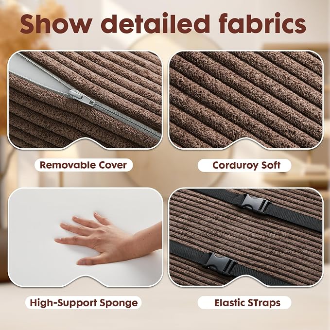 B Shape Corduroy Recliner Foot Pillow, Foam Extra Large Foot Rest Cushion with Adjustable Straps, Suitable for Bed Chair Sofa Headrest Back Lumbar Leg Support Pillow (Brown)