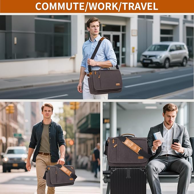 ESTARER Computer Messenger bag Water-resistant Canvas Shoulder Bag 15.6 Inch Laptop for Travel Work, Grey