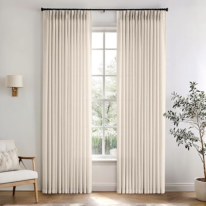 Memory Trained Pinch Pleated Curtains 84 Inches Long, Viral Linen Pinch Pleat Sheer Curtains with Ring Hooks&Clips for Track System Living Room, Warm Beige Light Filtering Privacy Curtain 2 Panel Set