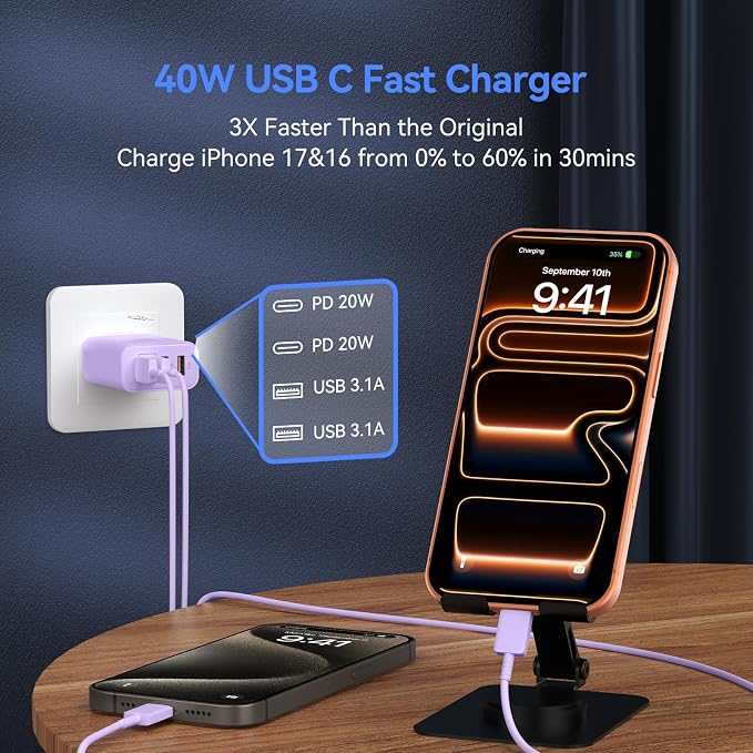 USB C Wall Fast Charger Block, 40W 4-Port Type C Charger Fast Charging Blocks PD Power Charger Adapter+QC 3.0 USB Multiport Charger Brick for Phone 17/16/15/14/13/12 Pro Max, Pad, Galaxy S25-Lavender