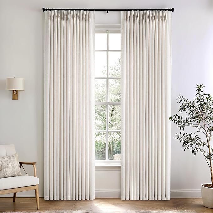 Memory Trained Pinch Pleated Curtains 84 Inches Long, Viral Linen Pinch Pleat Sheer Curtains with Ring Hooks&Clips for Track System Living Room, Natural Light Filtering Privacy Curtain 2 Panel Set