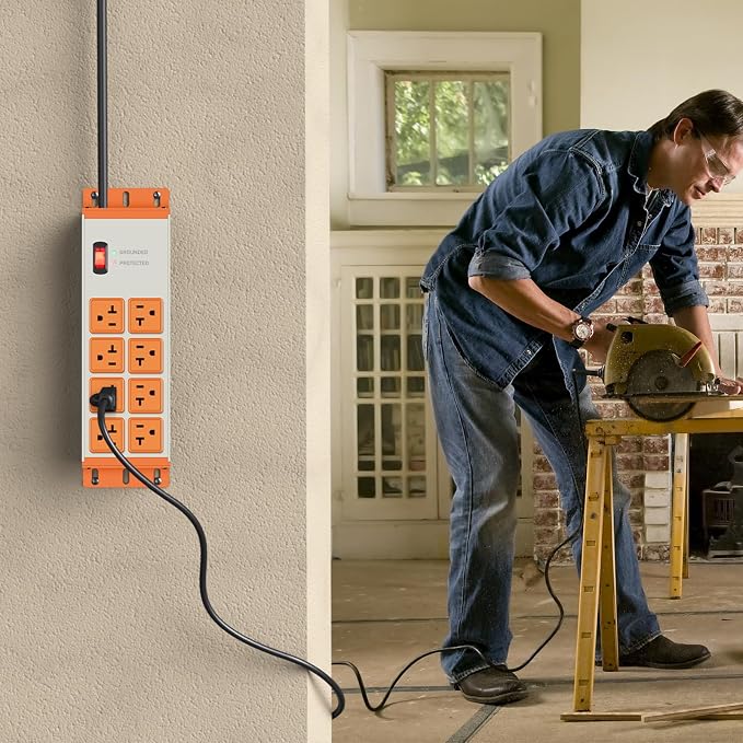 JUNNUJ Heavy Duty Surge Protector 4800J, Garage Metal 8 Outlets 20 Amp 12 Gauge, High Amp 5-15P Adapter Shop 6-20R T-Slot Industrial Outlet, 6 FT Extension Cord Commercial for Appliance, Grey