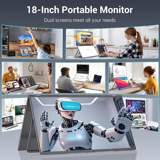 InnoView 18.5" Dual Portable Monitor 100Hz 2K 2560x1600P 100% sRGB Foldable & Stackable Design with 315° Screen Adjustment | DP/USB-C/HDMI, Second Monitor for Laptop, Mac, Windows